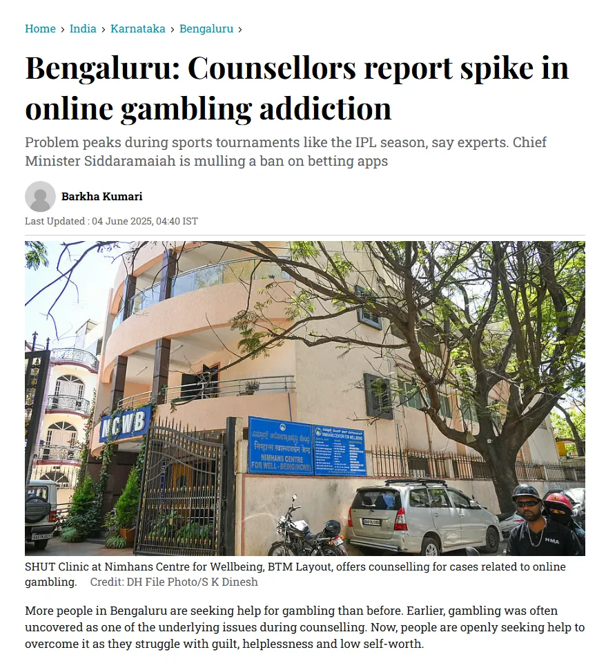 Deccan Herald article clipping — Bengaluru: Counsellors report spike in online gambling addiction, 4 June 2025