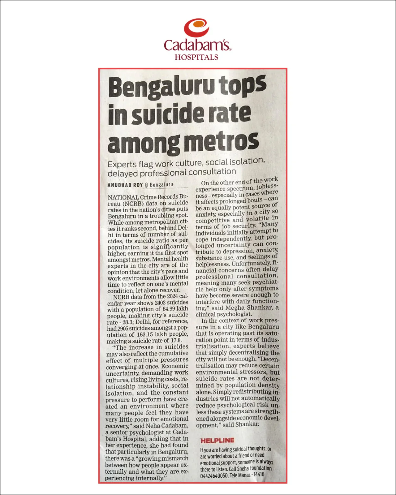 The New Indian Express coverage of Bengaluru topping metro cities in suicide rate as per NCRB 2024 data