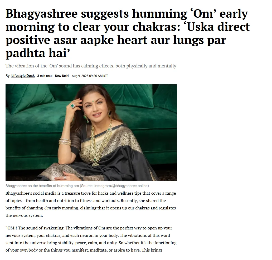 The Indian Express article clipping — Bhagyashree suggests humming 'Om' early morning to clear your chakras