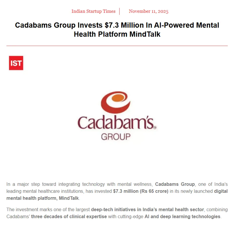 Indian Startup Times article clipping — Cadabams Group Invests $7.3 Million in AI-Powered Mental Health Platform MindTalk