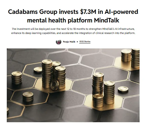 YourStory article clipping — Cadabams Group invests $7.3M in AI-powered mental health platform MindTalk