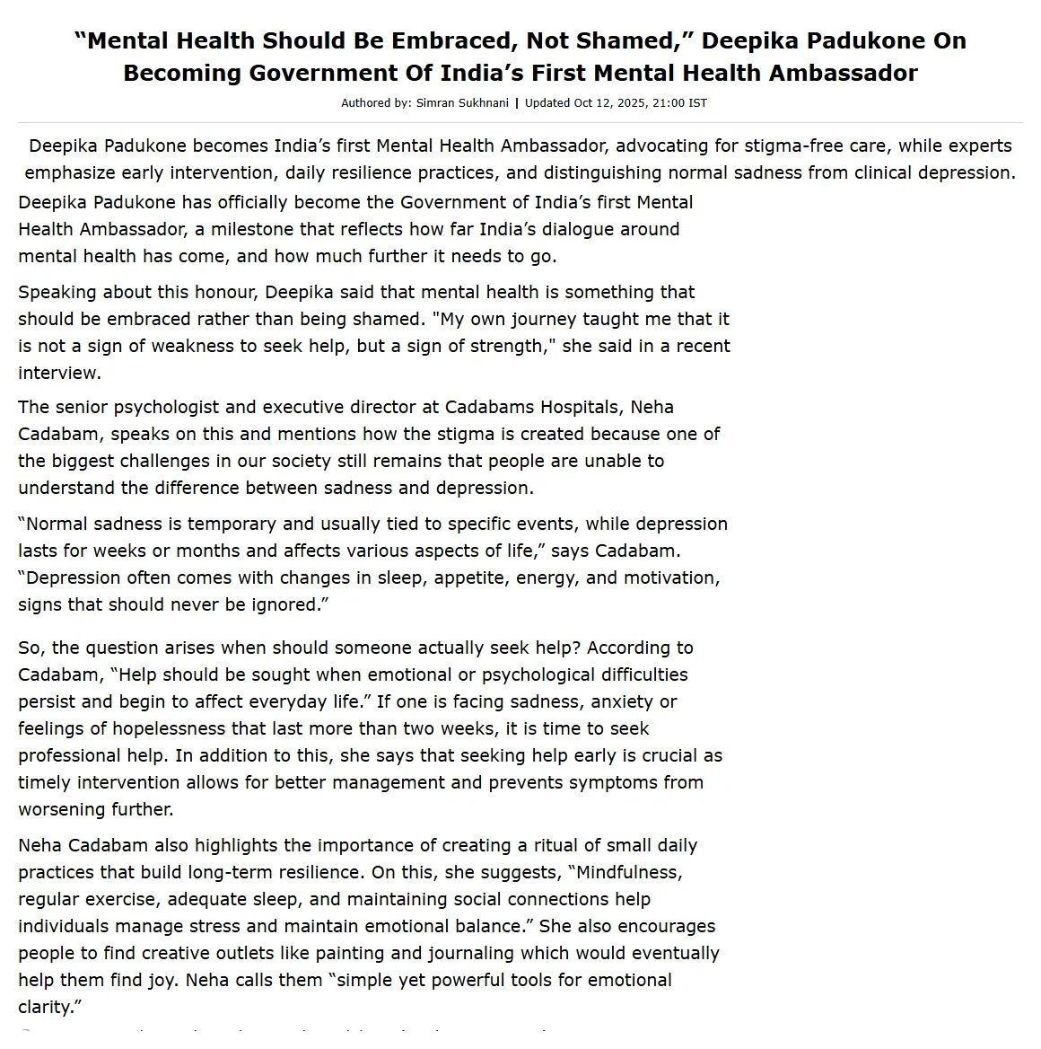 Times Now article clipping — 'Mental Health Should Be Embraced, Not Shamed,' Deepika Padukone on becoming Government of India's first Mental Health Ambassador