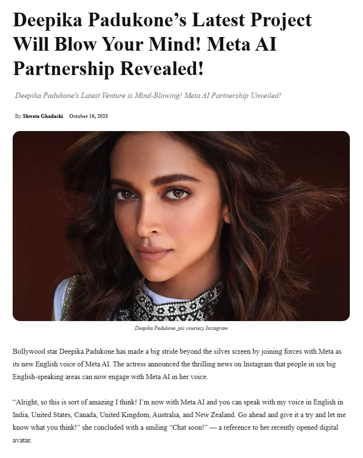 Glamsham article clipping — Deepika Padukone's Latest Project Will Blow Your Mind! Meta AI Partnership Revealed!
