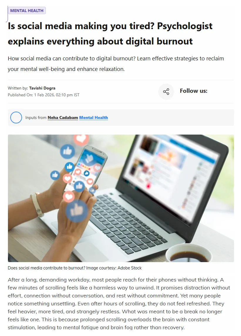 Health Shots article clipping — Is social media making you tired? Psychologist explains everything about digital burnout