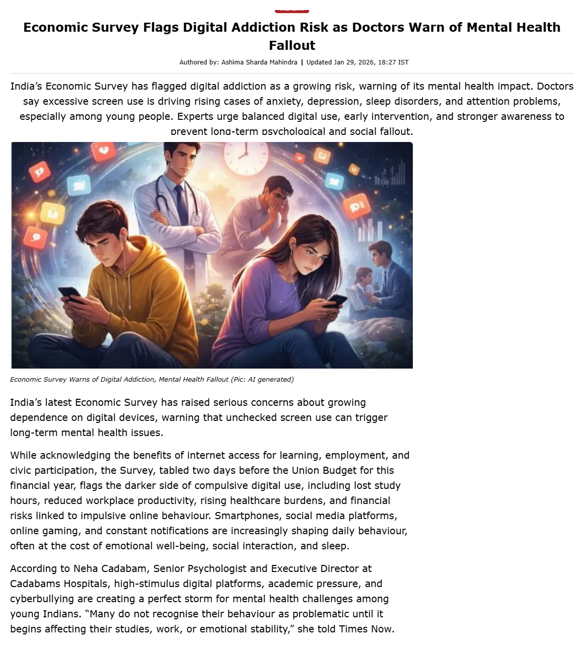 Times Now article clipping — Economic Survey Flags Digital Addiction Risk as Doctors Warn of Mental Health Fallout