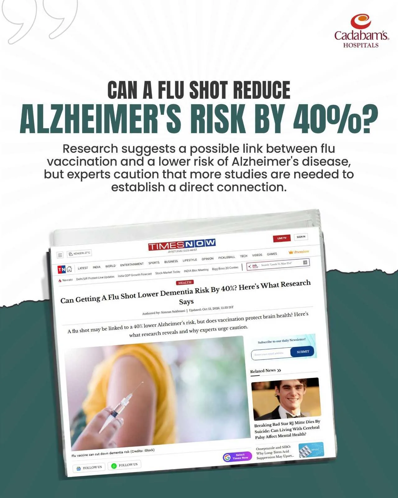 Times Now article asking whether a flu shot can reduce Alzheimer's risk by 40%, featuring Cadabam's Hospitals