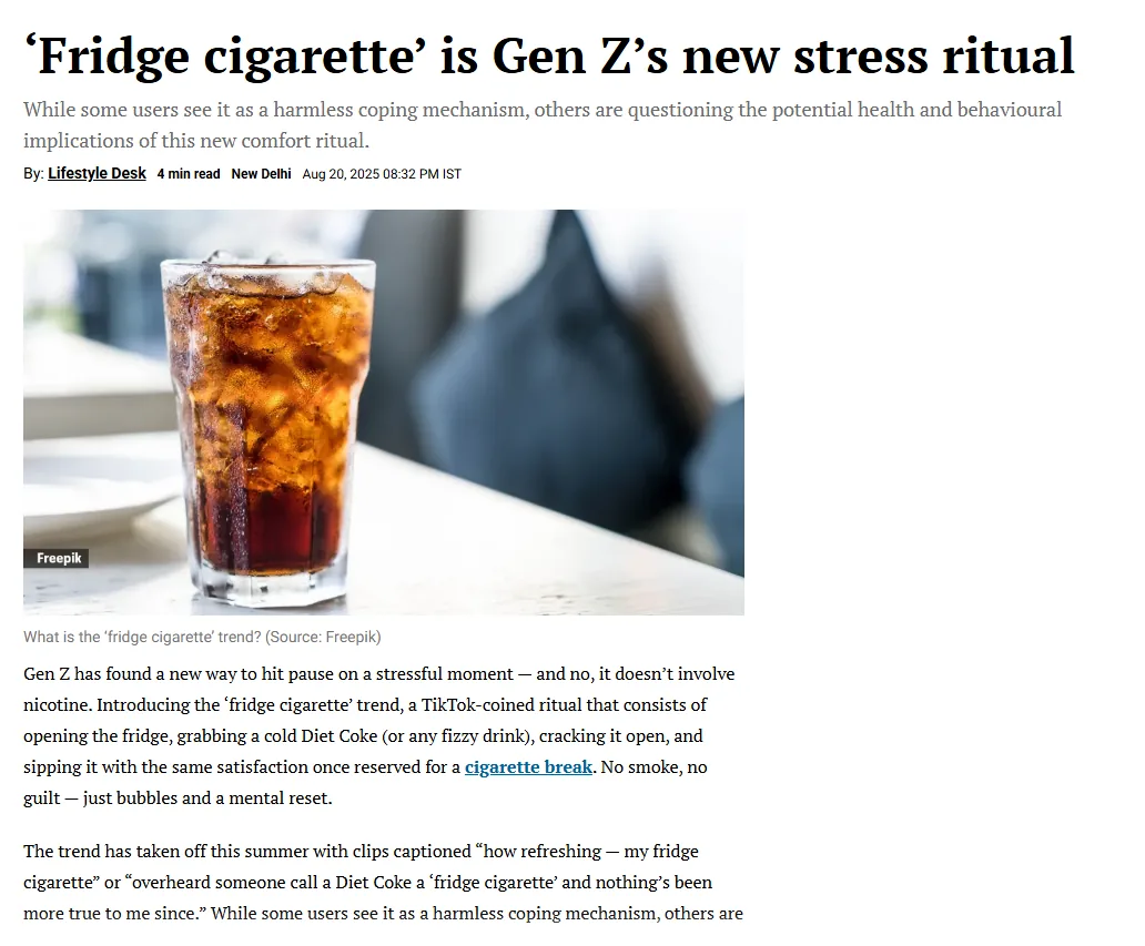 The Indian Express article clipping — 'Fridge cigarette' is Gen Z's new stress ritual