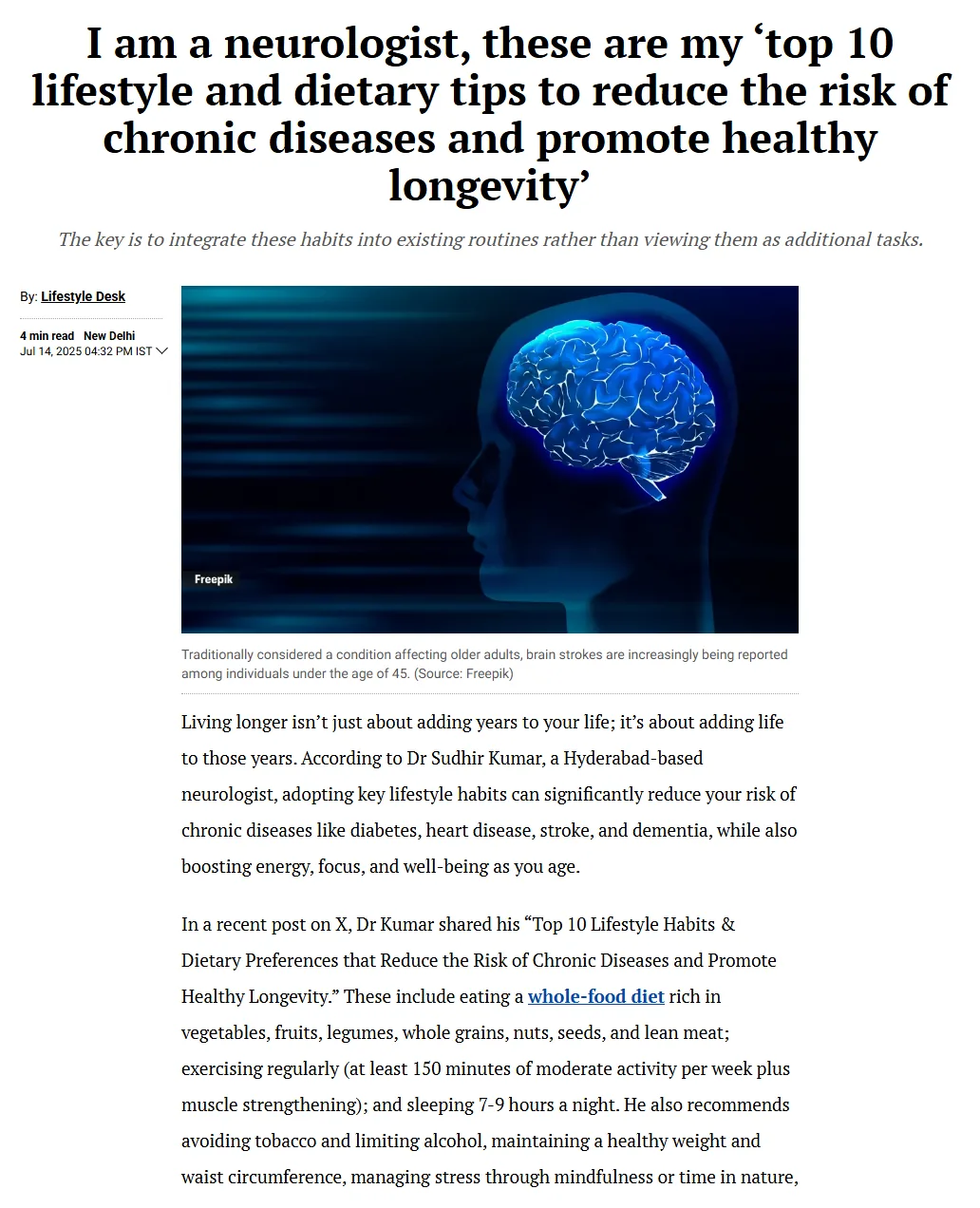 The Indian Express article clipping — I am a neurologist, these are my top 10 lifestyle and dietary tips to reduce the risk of chronic diseases and promote healthy longevity