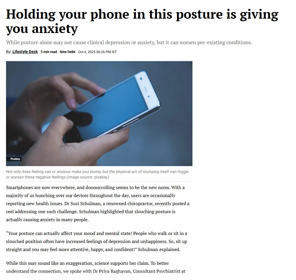 The Indian Express article clipping — Holding your phone in this posture is giving you anxiety