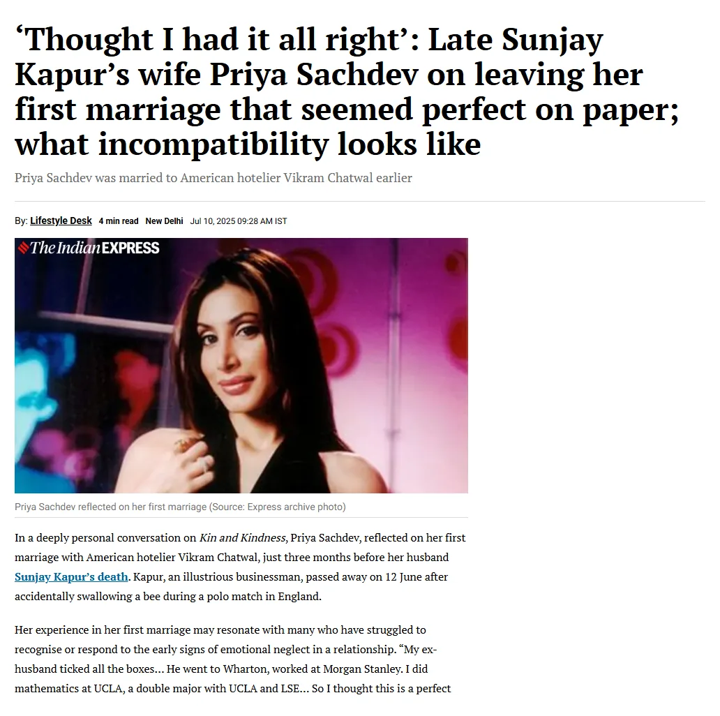 The Indian Express article clipping — 'Thought I had it all right': Priya Sachdev on leaving her first marriage that seemed perfect on paper; what incompatibility looks like