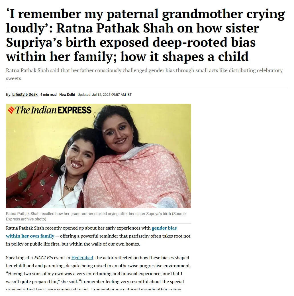 The Indian Express article clipping — 'I remember my paternal grandmother crying loudly': Ratna Pathak Shah on how sister Supriya's birth exposed deep-rooted bias within her family; how it shapes a child