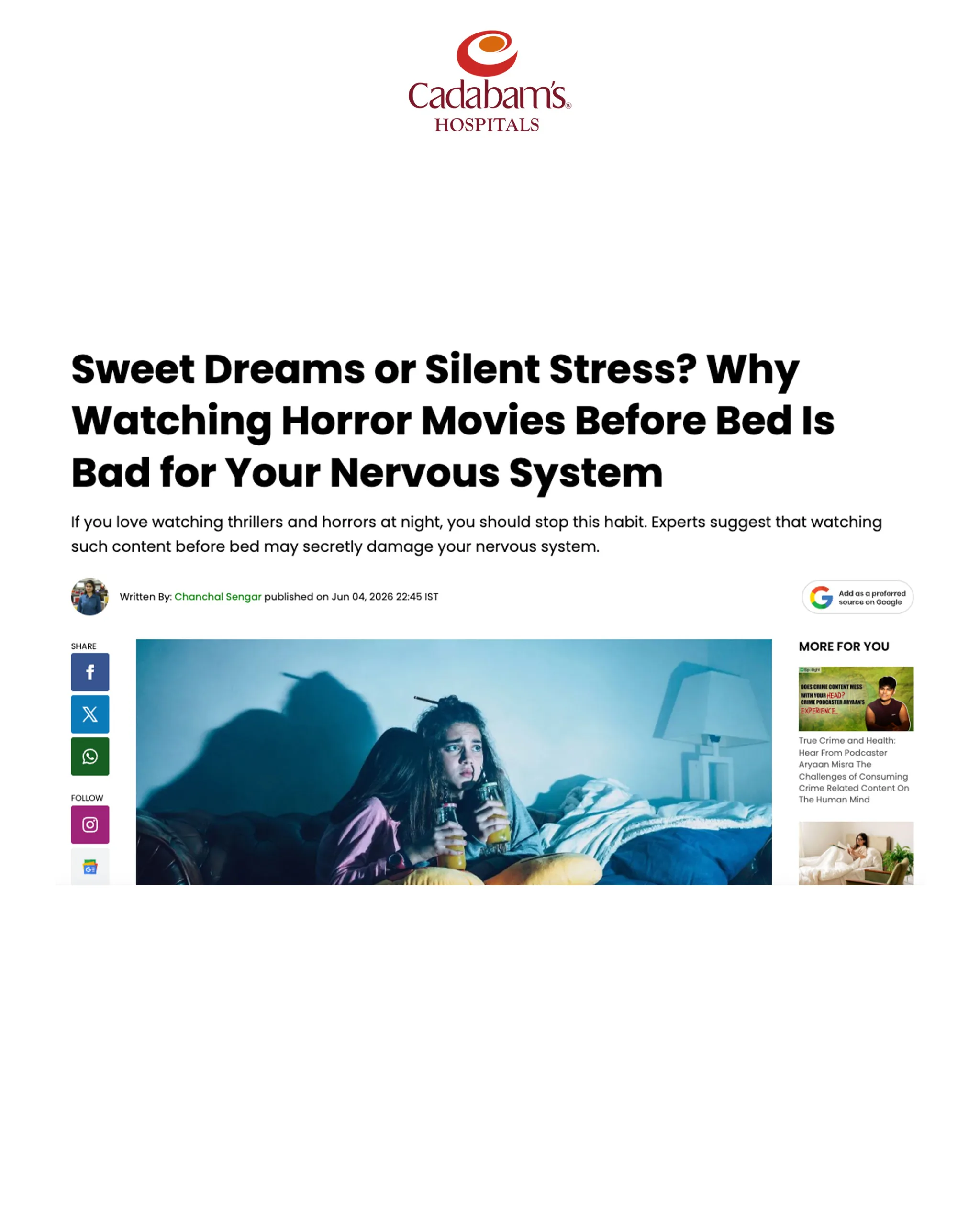 Only My Health feature with Neha Cadabam on how late-night horror and crime content keeps the nervous system on alert and disrupts sleep