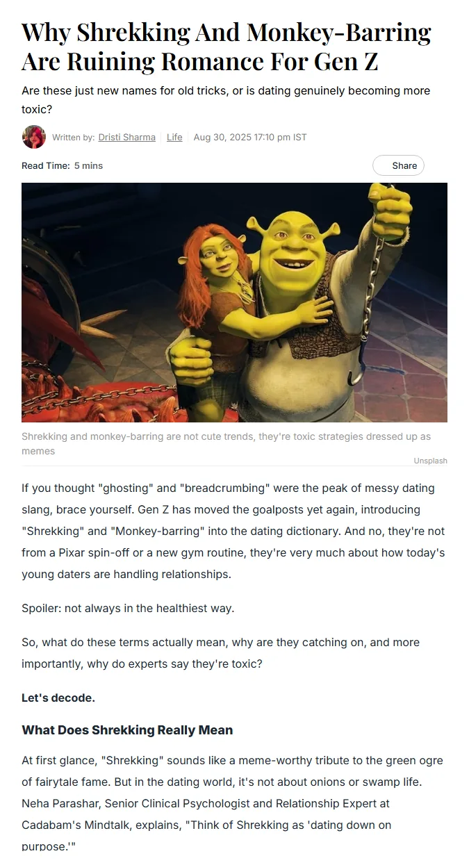 NDTV article clipping — Why Shrekking and Monkey-Barring Are Ruining Romance for Gen Z