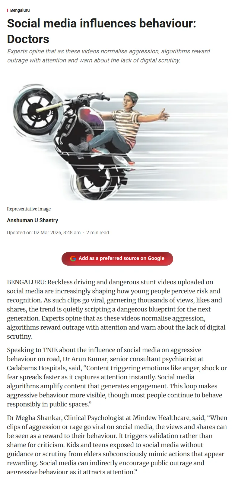 The New Indian Express article clipping — Social media influences behaviour: Doctors