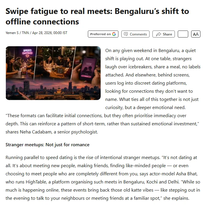 The Times of India article clipping — Swipe fatigue to real meets: Bengaluru's shift to offline connections