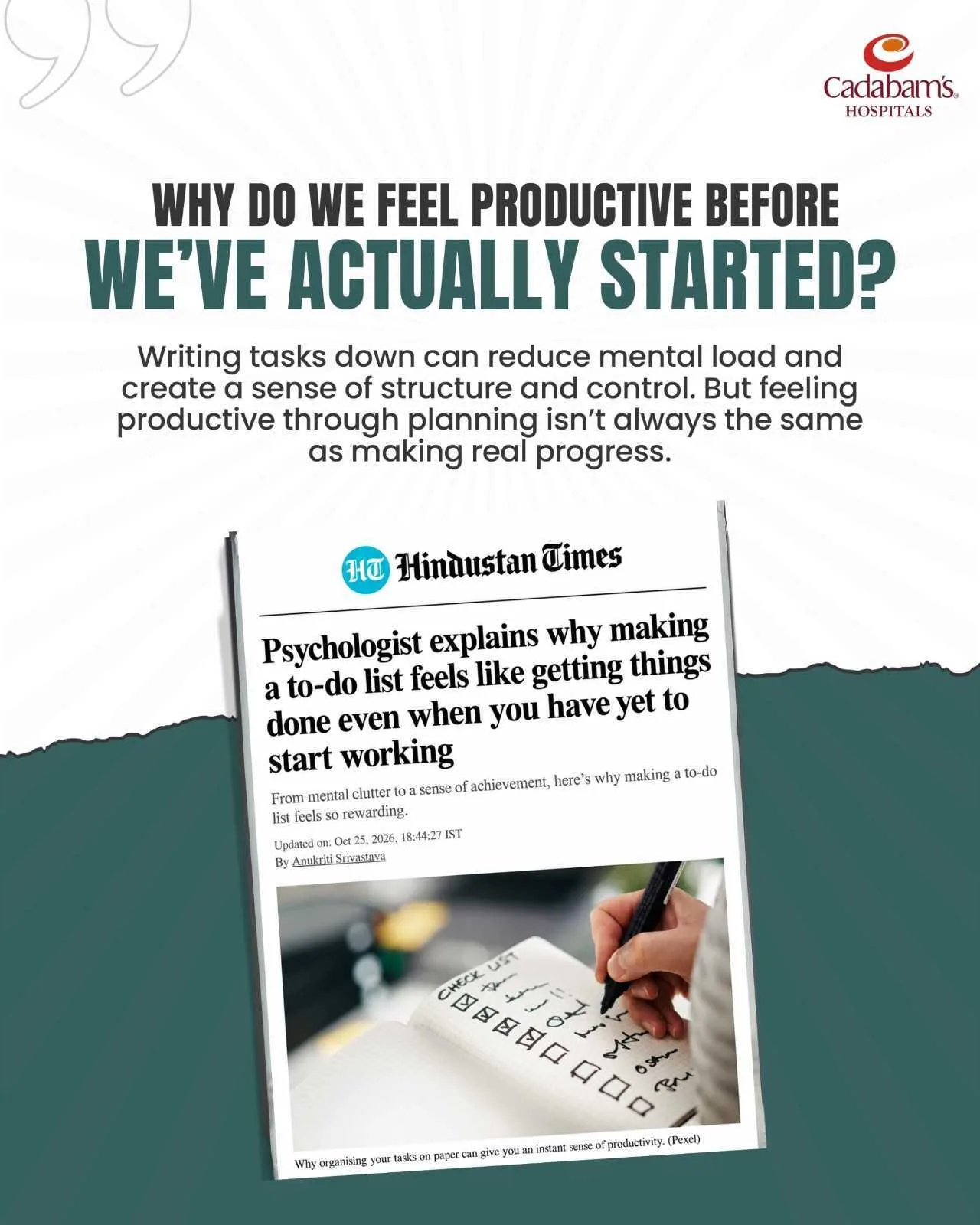 Hindustan Times article on why making a to-do list feels like getting things done, featuring Cadabam's Hospitals