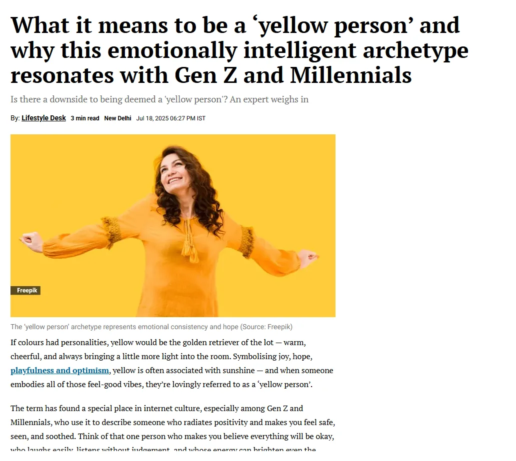 The Indian Express article clipping — What it means to be a 'yellow person' and why this emotionally intelligent archetype resonates with Gen Z and Millennials