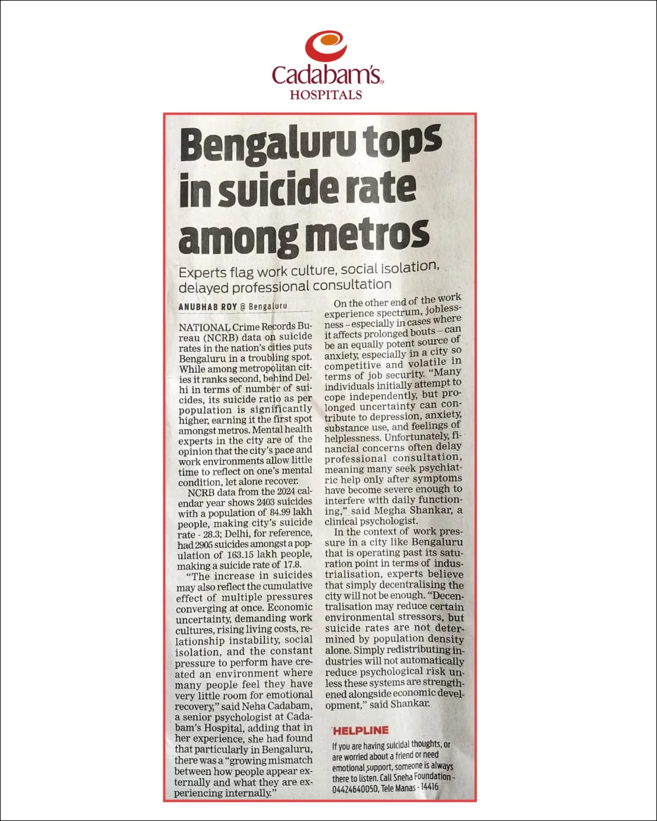 Bengaluru Tops Metro Cities in Suicide Rate, NCRB Data Shows — Experts Warn of a Hidden Mental Health Crisis